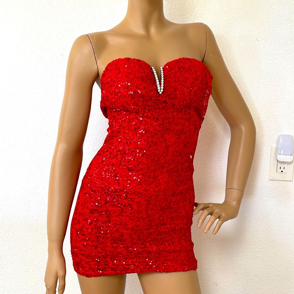 Red Sequin Lace Strapless Stretch Mini Party Dance Cocktail Dress XXS 00 NEW